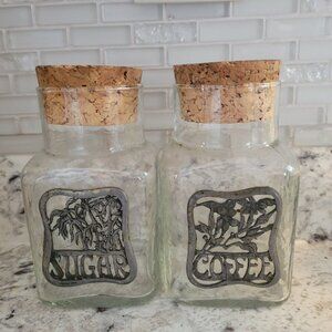 Set Of 2 VTG  Glass Jar/Canisters Pewter Overlay Metzke Coffee Tea Cork Tops